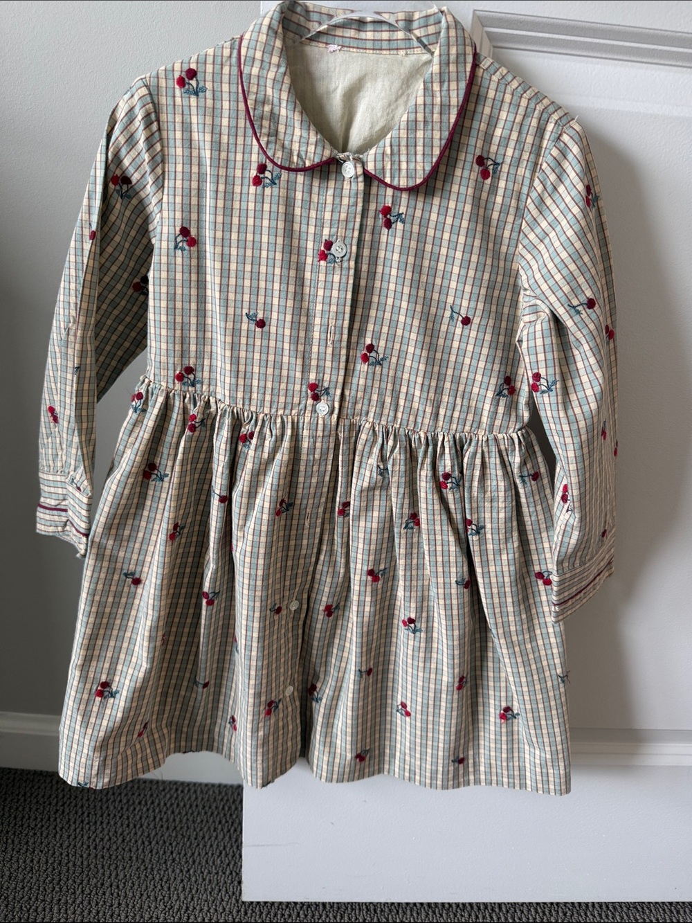 Bonpoint Cream and Blue Plaid Dress with Red Cherry Embroidery